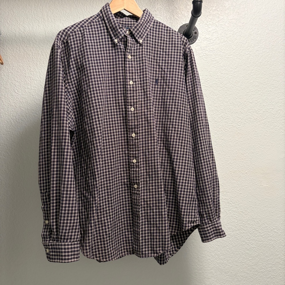 Ralph Lauren Classic Fit Plaid Button down Shirt Mens Size XL Navy blue cotton